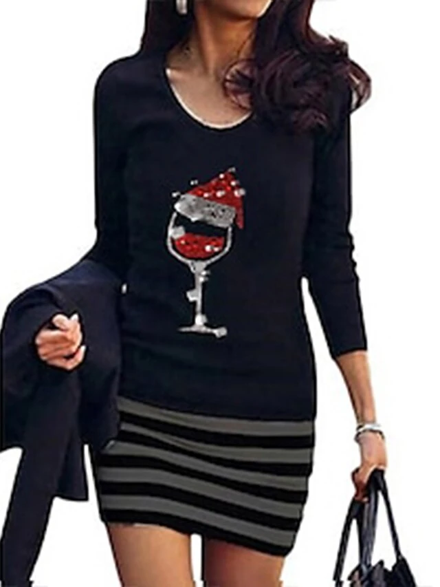 Women's Christmas Casual DressMini Dress Blue Yellow Dark Gray White Black Long Sleeve Striped Print Hat Print Fall Winter Crew Neck Casual Mature Loose Fit 2022 S M 2 Women's Christmas Casual DressMini Dress Blue Yellow Dark Gray White Black Long Sleeve Striped Print Hat Print Fall Winter Crew Neck Casual Mature Loose Fit 2022 S M - Image 2