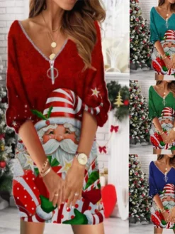 Women‘s Christmas Sweatshirt Dress Winter Dress Short Mini Dress Green Blue Purple Wine Light Blue Long Sleeve Santa Claus Elk Tree Zipper Print Fall Winter V Neck Vacation Casual Loose Fit