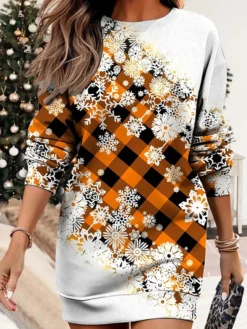 Women's Christmas Casual Dress Sweatshirt Dress Mini Dress Warm Fashion Outdoor Vacation Crew Neck Print Geometric Print Loose Fit Red Blue Purple S M L XL XXL -Fashion Life Shop bklwck1695371445058