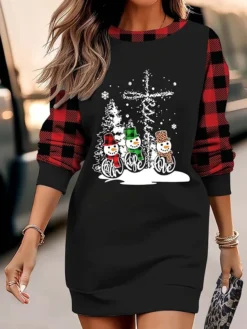 Women's Christmas Casual Dress Sweatshirt Dress Mini Dress Warm Fashion Outdoor Vacation Crew Neck Print Snowman Hat Loose Fit Black White Wine S M L XL XXL -Fashion Life Shop bkpris1695371442852