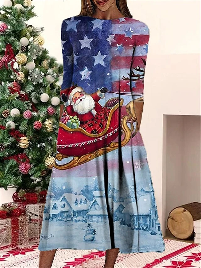 Women's Christmas Casual Dress Shift Dress Midi Dress Blue Light Green Dark Blue 3/4 Length Sleeve Elk Ruched Winter Fall Autumn Fashion Daily 2022 S M L XL XXL 3XL 4 Women's Christmas Casual Dress Shift Dress Midi Dress Blue Light Green Dark Blue 3/4 Length Sleeve Elk Ruched Winter Fall Autumn Fashion Daily 2022 S M L XL XXL 3XL - Image 4