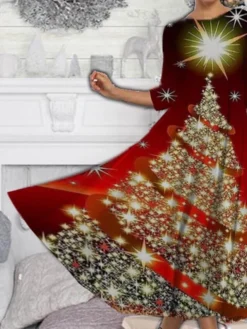Women's Casual Dress Swing Dress Midi Dress Black Wine Red 3/4 Length Sleeve Christmas Tree Ruched Spring Fall Winter Crew Neck Fashion Christmas 2023 S M L XL XXL 3XL 4XL 5XL -Fashion Life Shop blbcai1668506039111