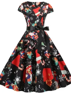 Women's Christmas Knee Length Dress Purple Wine Gray White Black Red Light Green Short Sleeve Print Bow Print Fall Winter Round Neck Casual Vintage2021 S M L XL XXL -Fashion Life Shop blryoi1630046096602