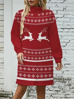 Women‘s Christmas Sweater Dress Jumper Dress Winter Dress Warm Snowflake Deer Outdoor Christmas Daily Vacation Turtleneck Long Sleeve 2023 Loose Fit Burgundy S M L XL XXL 3XL