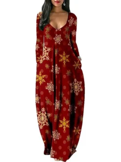 Women's Christmas Swing Dress Green Wine Light Red Long Sleeve Snowman Print Winter Fall Autumn Deep U Modern Weekend 2022 S M L XL 2XL 3XL