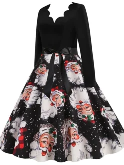 Women's Christmas Swing Dress Vintage DressKnee Length Dress Blue Red Navy Blue Black Long Sleeve Plaid Santa Claus Elk Bow Print Fall Winter V Neck Vacation Vintage 2022 S M L XL XXL 3XL -Fashion Life Shop bootna1665293396608