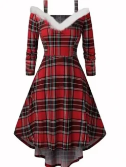 Women's Christmas Shift Dress Vintage Dress Midi Dress Wine Red White Long Sleeve Plaid Faux Fur Trim Winter Fall Autumn Off Shoulder Vintage 2022 S M L XL 2XL -Fashion Life Shop bousya1667470996752