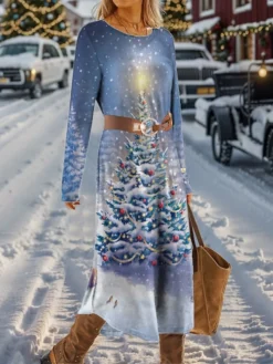 Women's Casual Dress Christmas Dress Winter Dress Christmas Tree Snowflake With Belt Print Crew Neck Midi Dress Fashion Streetwear Outdoor Christmas Long Sleeve Loose Fit Pink Red Blue Fall Winter S