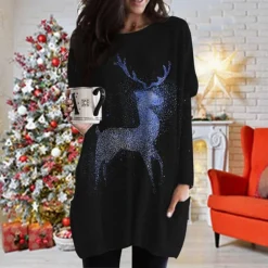 Women's Christmas T Shirt Dress Tee Dress Shift Dress Black Long Sleeve Animal Pocket Print Winter Fall V Neck Basic Casual Fall Dress Loose Fit S M L XL XXL 3XL / Winter Dress -Fashion Life Shop bpkszo1668165948400