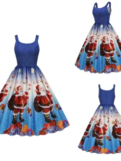 Women's Christmas Casual Dress Swing Dress Midi Dress Green Blue Sleeveless Santa Claus Print Winter Fall Spaghetti Strap Vacation Vintage 2022 S M L XL XXL / Slip Dress -Fashion Life Shop bqgrpg1668084273777