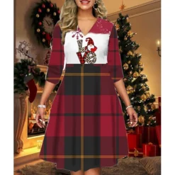 Women's Christmas Print Dress Wine Light Red Dark Green Red Black Long Sleeve Elk SnowmanTree Print Winter Autumn V Neck Fashion CasualFall Dress Loose Fit 2022 S M L XL 2XL 3XL 4XL 5XL -Fashion Life Shop bqkdal1666064456645