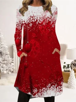 Women's Christmas Casual Dress T Shirt Dress Tee Dress Shift Dress Mini Dress Wine Long Sleeve Color Gradient Pocket Winter Fall Autumn Crew Neck Fashion Christmas Daily 2022 S M L XL XXL 3XL