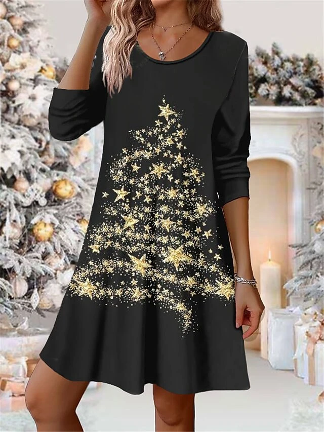 Women's Casual Dress Christmas Dress Winter Dress Christmas Tree Print V Neck Mini Dress Fashion Streetwear Outdoor Christmas Long Sleeve Loose Fit Black Yellow Gold Fall Winter S M L XL XXL 2 Women's Casual Dress Christmas Dress Winter Dress Christmas Tree Print V Neck Mini Dress Fashion Streetwear Outdoor Christmas Long Sleeve Loose Fit Black Yellow Gold Fall Winter S M L XL XXL - Image 2