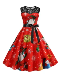 Women‘s Christmas Retro 1950s Vintage Dress Midi Dress Party Patchwork Bow Santa Claus Crew Neck Sleeveless Regular Fit Fall Winter 2023 Black Wine S M L XL -Fashion Life Shop bqyvxa1694501410458
