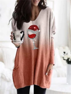 Women's Christmas Casual Dress Shift DressShort Mini Dress Blue Purple Orange Gray Long Sleeve Geometric Snowflake Hat Patchwork Pocket Print Fall Winter V Neck Casual Batwing Sleeve Belt -Fashion Life Shop bsreun1664257816539