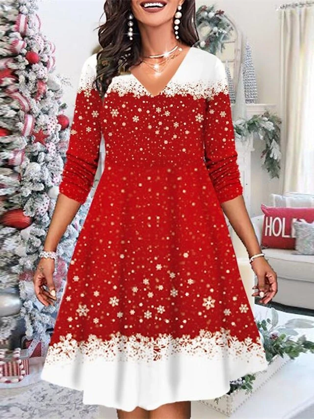 Women's Christmas Casual Dress Shift Dress Mini Dress Wine Red Long Sleeve Santa Claus Snowflake Print Winter Fall V Neck Vacation Casual 2022 XS S M L XL 2XL 3XL 4XL 5XL 6XL 2 Women's Christmas Casual Dress Shift Dress Mini Dress Wine Red Long Sleeve Santa Claus Snowflake Print Winter Fall V Neck Vacation Casual 2022 XS S M L XL 2XL 3XL 4XL 5XL 6XL - Image 2