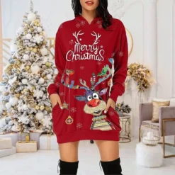 Women's Christmas Shift DressShort Mini DressShort Mini Dress Red Black Long Sleeve Letter Elk Snowflake Pocket Print Fall Winter Hooded Fashion Modern Loose Fit 2022 S M L XL XXL 3XL -Fashion Life Shop btxiez1668163269948