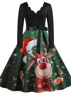 Women's Christmas Swing Dress Vintage Dress Midi Dress Green Blue Purple Long Sleeve Santa Claus Bow Winter Fall Autumn V Neck Fashion Daily Date 2022 S M L XL XXL 3XL -Fashion Life Shop bubjlt1667894680793