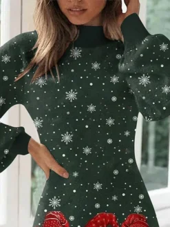 Women's Casual Dress Christmas Dress Winter Dress Santa Claus Snowflake Print Turtleneck Mini Dress Fashion Streetwear Outdoor Christmas Long Sleeve Loose Fit Dark Green Fall Winter S M L XL XXL -Fashion Life Shop bucwfu1697539319985