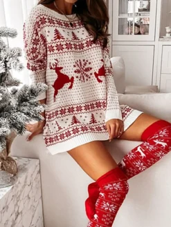 Women‘s Christmas Sweater Dress Jumper Dress Winter Dress Fashion Ugly Christmas Outdoor Christmas Daily Going Out Crew Neck Long Sleeve Patchwork 2023 Loose Fit White Red S M L XL -Fashion Life Shop bvjonj1694602151189