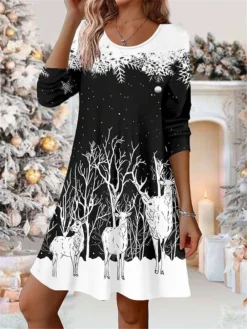Women's Casual Dress Christmas Dress Winter Dress Christmas Tree Snowflake Print V Neck Mini Dress Fashion Streetwear Outdoor Christmas Long Sleeve Loose Fit Black And White Black White Fall Winter S