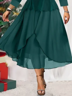 Women's Christmas Plus Size Curve Winter Dress Casual Dress Chiffon Dress Plain Midi Dress Long Sleeve Ruffle Layered V Neck Fashion Christmas Green Fall Winter L XL XXL 3XL 4XL -Fashion Life Shop bvyhlb1697023393797