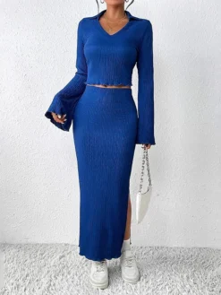 Women's Two Piece Dress Set Skirt Set Swing Dress Home Christmas Punk Work Lace Up Patchwork Long Dress Maxi Dress Crew Neck Long Sleeve Color Block Rainbow Slim Blue Fall Winter S M L XL