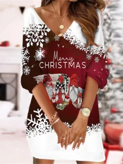 Women's Christmas Sweatshirt Dress Shift Dress Sweat Dress Mini Dress Black Blue Wine 3/4 Length Sleeve Letter Print Winter Fall Autumn V Neck Fashion 2022 S M L XL XXL 3XL