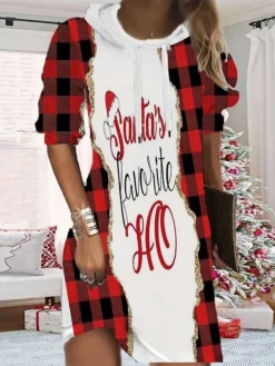 Women's Christmas Hoodie Dress Shift Dress Mini Dress Gold Wine Light Red Long Sleeve Plaid Print Fall Spring Autumn Hooded Fashion Christmas Daily Loose Fit 2022 S M L XL XXL 3XL