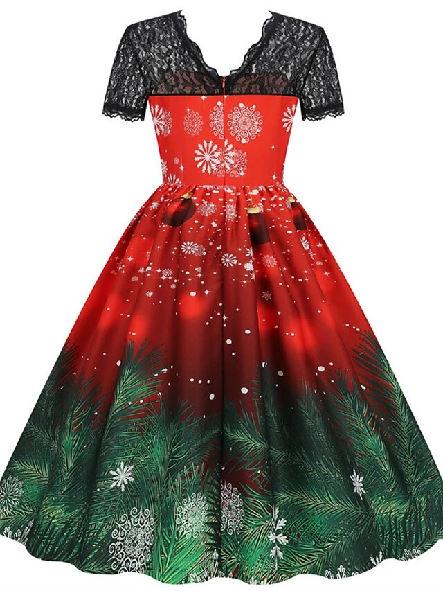 Women's Christmas Swing Dress Vintage DressKnee Length Dress Green Wine Dark Green Fuchsia Red Black Short Sleeve Santa Claus Snowman Snowflake Lace Print Fall Winter V Neck Vacation Vintage 2022 S 4 Women's Christmas Swing Dress Vintage DressKnee Length Dress Green Wine Dark Green Fuchsia Red Black Short Sleeve Santa Claus Snowman Snowflake Lace Print Fall Winter V Neck Vacation Vintage 2022 S - Image 4