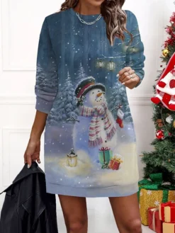 Women‘s Christmas Casual Dress Sweatshirt Dress Mini Dress Warm Fashion Outdoor Holiday Crew Neck Print Santa Claus Snowman Loose Fit Black Red Burgundy S M L XL XXL -Fashion Life Shop bwwnjw1695637007632