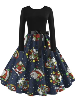 Women's Christmas Vintage DressKnee Length Dress Green Black Dark Blue Red Long Sleeve Geometric Tree Print Print Fall Winter Crew Neck Vintage Elegant 2022 S M L XL XXL 3XL -Fashion Life Shop bxbfss1663151841044