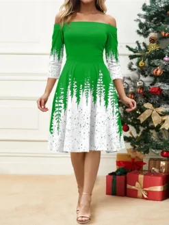 Women's Retro 1950s Vintage Dress Midi Dress Christmas Daily Print Christmas Tree Off Shoulder 3/4 Length Sleeve Slim Spring Fall 2023 Red Blue S M L XL 5 Women's Retro 1950s Vintage Dress Midi Dress Christmas Daily Print Christmas Tree Off Shoulder 3/4 Length Sleeve Slim Spring Fall 2023 Red Blue S M L XL -Fashion Life Shop bxeltx1697099179947