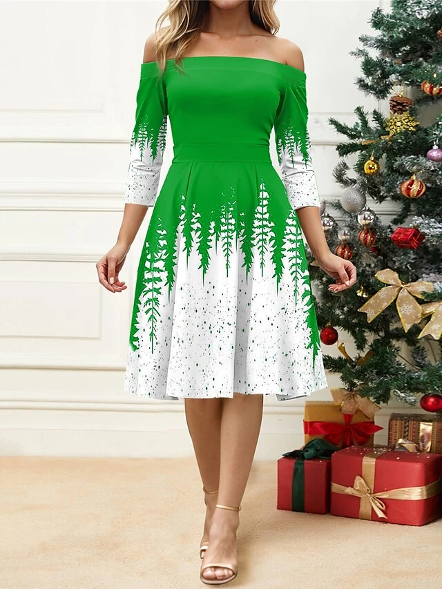 Women's Retro 1950s Vintage Dress Midi Dress Christmas Daily Print Christmas Tree Off Shoulder 3/4 Length Sleeve Slim Spring Fall 2023 Red Blue S M L XL 3 Women's Retro 1950s Vintage Dress Midi Dress Christmas Daily Print Christmas Tree Off Shoulder 3/4 Length Sleeve Slim Spring Fall 2023 Red Blue S M L XL - Image 3