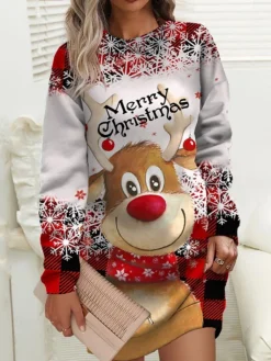 Women‘s Christmas Casual Dress Sweatshirt Dress Mini Dress Warm Fashion Outdoor Holiday Crew Neck Print Animal Tree Loose Fit White Red Burgundy S M L XL XXL -Fashion Life Shop bxhpcr1694157707856