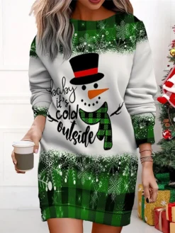 Women's Christmas Casual Dress Sweatshirt Dress Mini Dress Warm Fashion Outdoor Vacation Crew Neck Print Santa Claus Snowman Loose Fit ArmyGreen Red Navy Blue S M L XL XXL