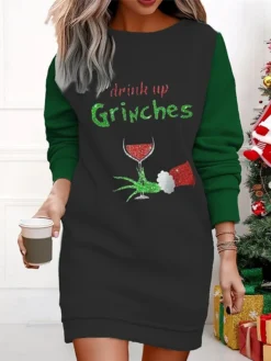 Women's Casual Dress Sweatshirt Dress Mini Dress Warm Fashion Outdoor Christmas Vacation Crew Neck Print Geometric Print Monster Loose Fit Black Wine Red S M L XL XXL -Fashion Life Shop bxsuch1695365303058