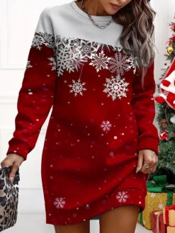 Women's Christmas Casual Dress Sweatshirt Dress Mini Dress Warm Fashion OutdoorVacation Crew Neck Print Print Loose Fit Yellow Red Blue S M L XL XXL