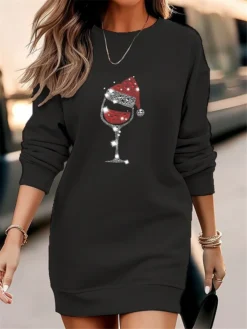 Women's Christmas Casual Dress Sweatshirt Dress Mini Dress Warm Fashion Outdoor Vacation Crew Neck Print Hat Loose Fit Black White Red S M L XL XXL -Fashion Life Shop bxxepl1695365422688