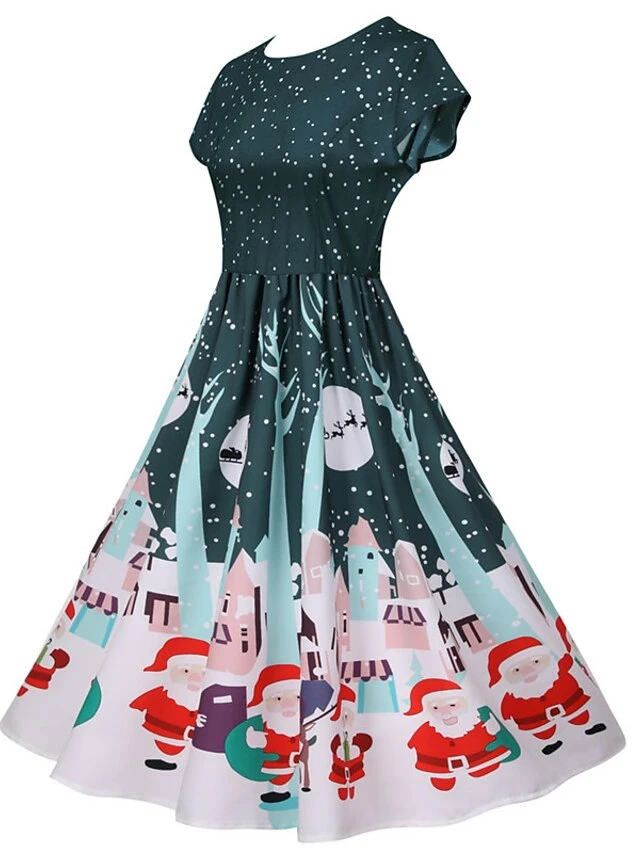 Women's Christmas Knee Length Dress Green Black Red Short Sleeve Print Print Fall Winter Round Neck Casual Vintage2021 S M L XL XXL 9 Women's Christmas Knee Length Dress Green Black Red Short Sleeve Print Print Fall Winter Round Neck Casual Vintage2021 S M L XL XXL - Image 9