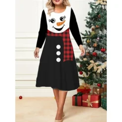 Women's Christmas Plus Size Curve Casual Dress Skater Dress A Line Dress Snowman Snowflake Midi Dress Long Sleeve Print Crew Neck Fashion Outdoor Black White Fall Winter L XL XXL 3XL 4XL -Fashion Life Shop byunmk1695640674438