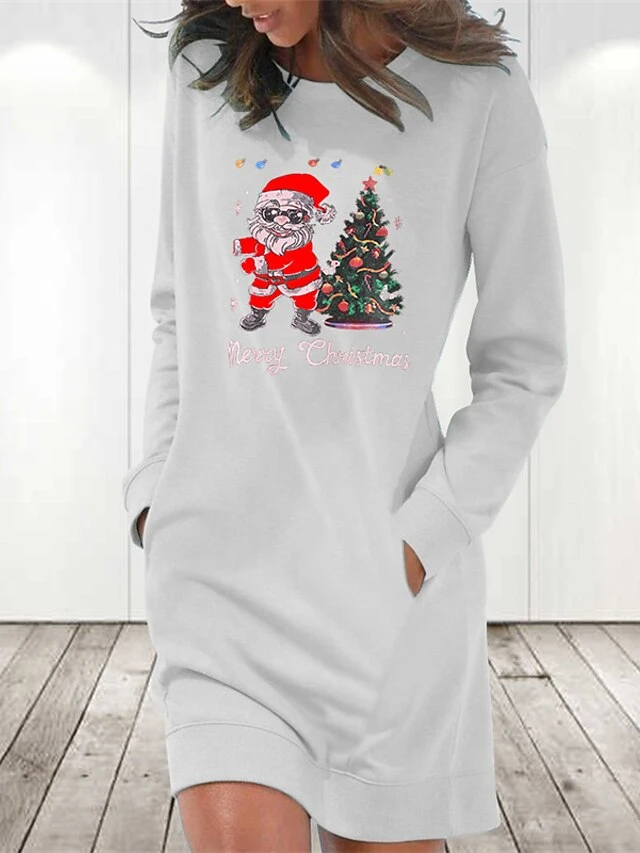 Women's Christmas Hoodie Dress Winter Dress Light Blue Grey White Long Sleeve Letter Santa Claus Tree Pocket Print Winter Fall Crew Neck Stylish Casual Loose Fit 2022 S M L XL 2XL / Cotton 3 Women's Christmas Hoodie Dress Winter Dress Light Blue Grey White Long Sleeve Letter Santa Claus Tree Pocket Print Winter Fall Crew Neck Stylish Casual Loose Fit 2022 S M L XL 2XL / Cotton - Image 3