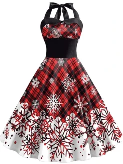 Women's Casual Dress Christmas Dress Winter Dress Snowflake Ruched Bow Halter Neck Midi Dress Active Fashion Outdoor Christmas Sleeveless Regular Fit Black Red Fall Winter S M L XL XXL -Fashion Life Shop bzoapv1697537411489