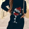 Women‘s Christmas Hoodie Dress Winter DressShort Mini Dress Green Black Long Sleeve Snowman Hat Pocket Print Fall Winter Hooded Vacation Casual 2022 S M L XL XXL 3XL