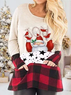 Women's Plus Size Christmas T Shirt Dress Tee Dress Plaid Crew Neck Print Long Sleeve Spring Fall Casual Mini Dress Daily Dress -Fashion Life Shop bzyafq1668152060798