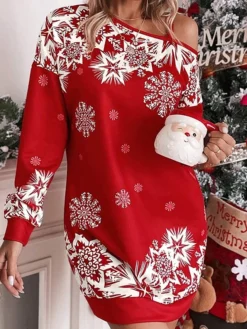 Women's Casual Dress Christmas Dress Winter Dress Snowflake Cold Shoulder Print V Neck Mini Dress Active Fashion Outdoor Christmas Long Sleeve Loose Fit Red Fall Winter S M L XL -Fashion Life Shop caixbu1697537427850
