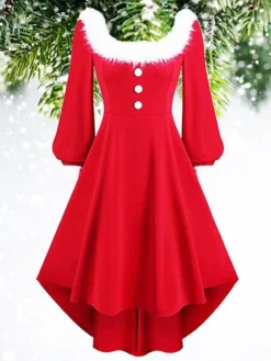 Women‘s Christmas Retro Elegant Vintage Dress Midi Dress Party Patchwork Button Plain Square Neck Long Sleeve Regular Fit Fall Winter 2023 Red S M L XL -Fashion Life Shop canvyu1694497706550