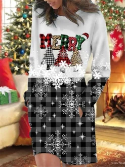 Women's Christmas Casual Dress Sweatshirt Dress Mini Dress Warm Fashion OutdoorHoliday Crew Neck Pocket Print GeometricTree Snowflake Loose Fit Wine Blue Gray S M L XL XXL -Fashion Life Shop cavceh1695644508922