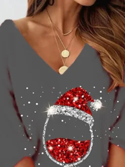 Women's Christmas Sweatshirt Dress Shift Dress Mini Dress Gray 3/4 Length Sleeve Hat Print Winter Fall V Neck Vacation Casual 2022 S M L XL XXL 3XL -Fashion Life Shop cavfns1667287122912