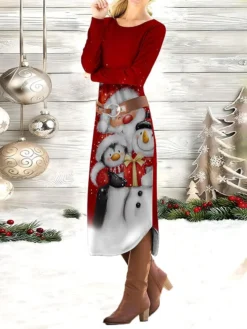 Women's Casual Dress Christmas Dress Winter Dress Plaid Santa Claus Print Crew Neck Midi Dress Fashion Streetwear Outdoor Christmas Long Sleeve Loose Fit White Wine Red Spring Fall S M L XL XXL -Fashion Life Shop cazbmf1696837934075